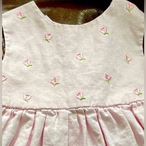 Blueberi Boulevard Light Pink Linen Dress with embroidered pink & green roses.